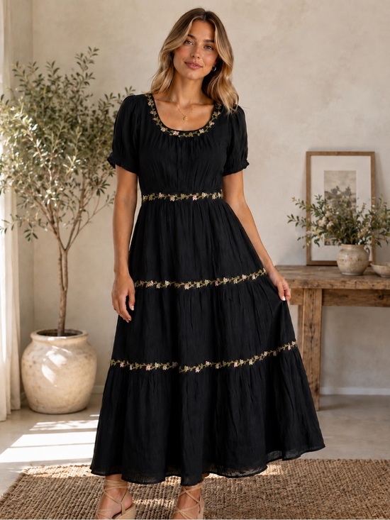 Polagram Dresses & Skirts - Polagram Black Maxi Dress with Embroidered Floral Trim